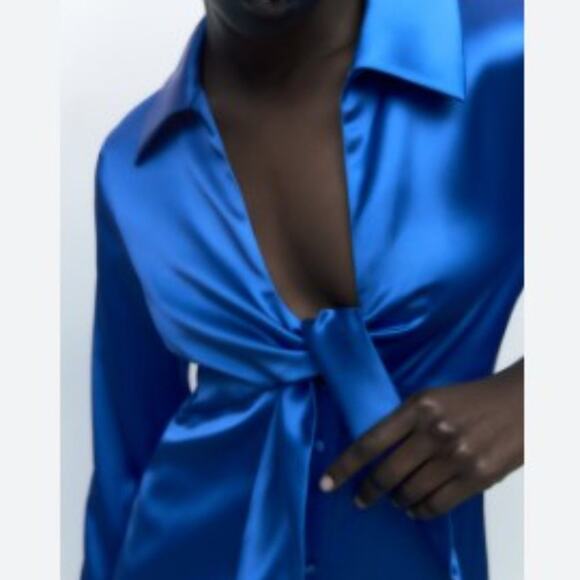 Zara Blue Satin Effect Long Sleeve Knotted Dress Lapel Collar Size Small - Picture 3 of 9